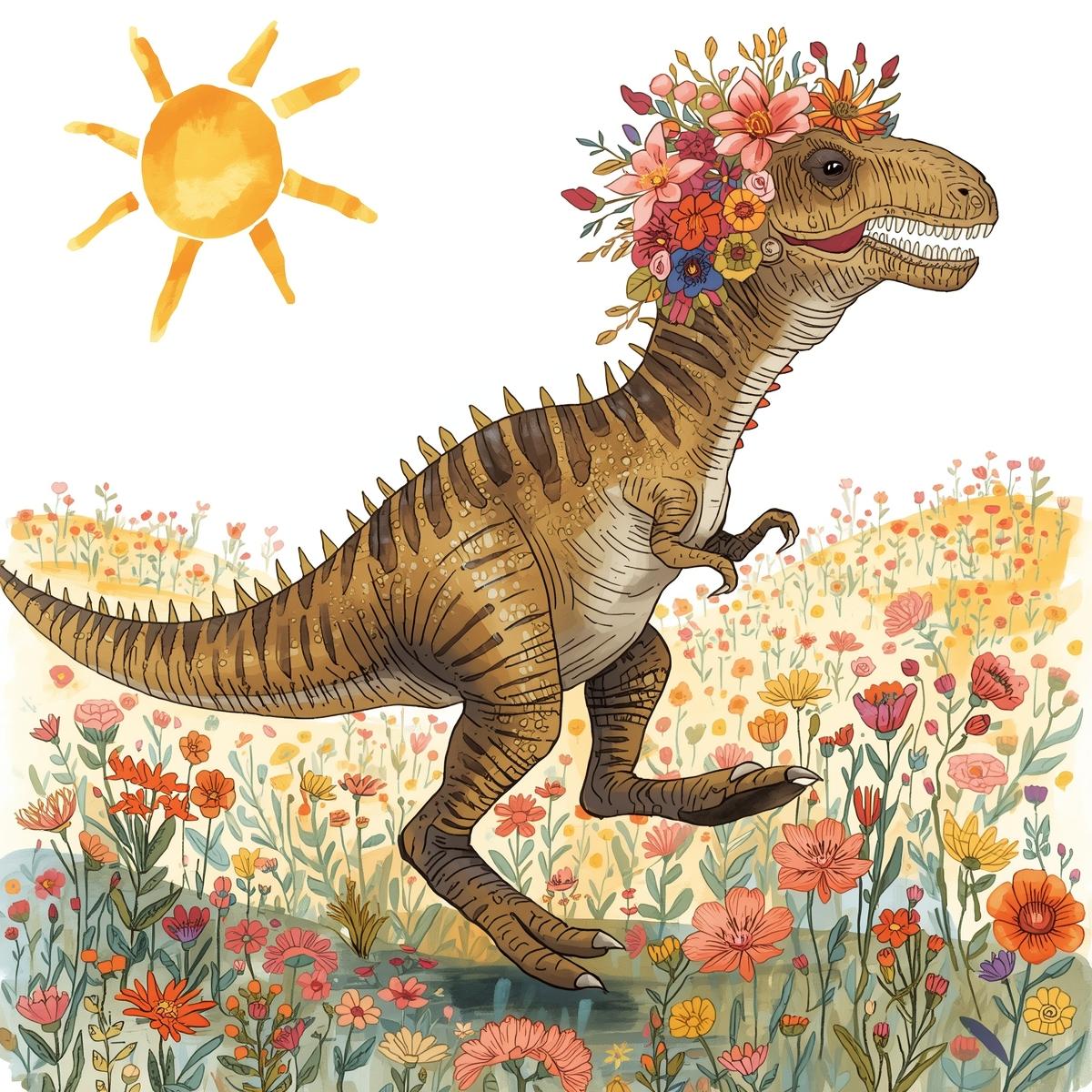 花の冠をつけているティラノサウルス