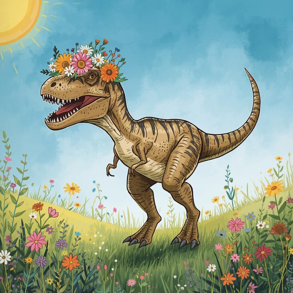 花の冠をつけて喜んでいるティラノサウルス