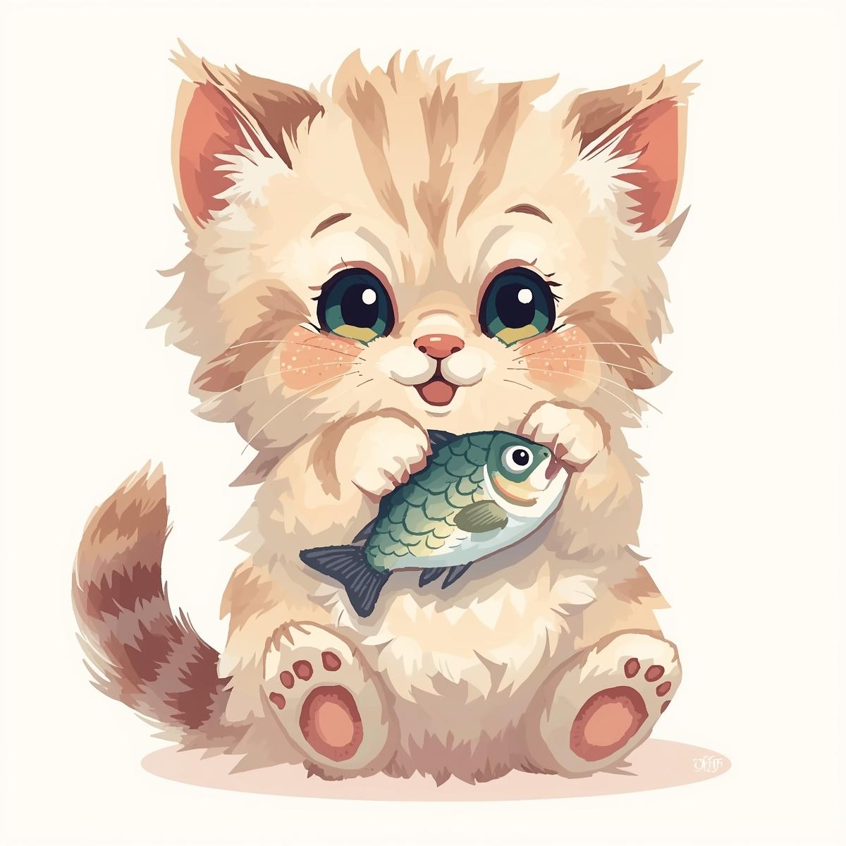 魚を抱いている子猫