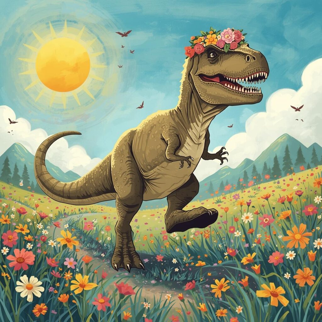 花の冠をつけて喜んでいるティラノサウルス